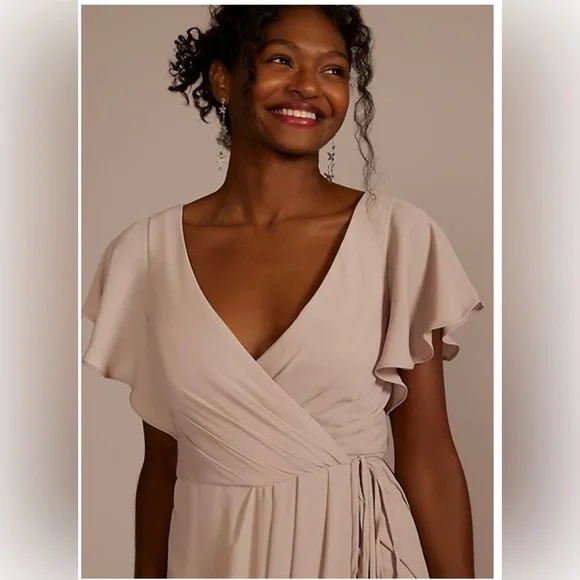 Davids Bridal flutter sleeve georgette wrap bridesmaid dress. WINE COLOR! - Picture 3 of 3